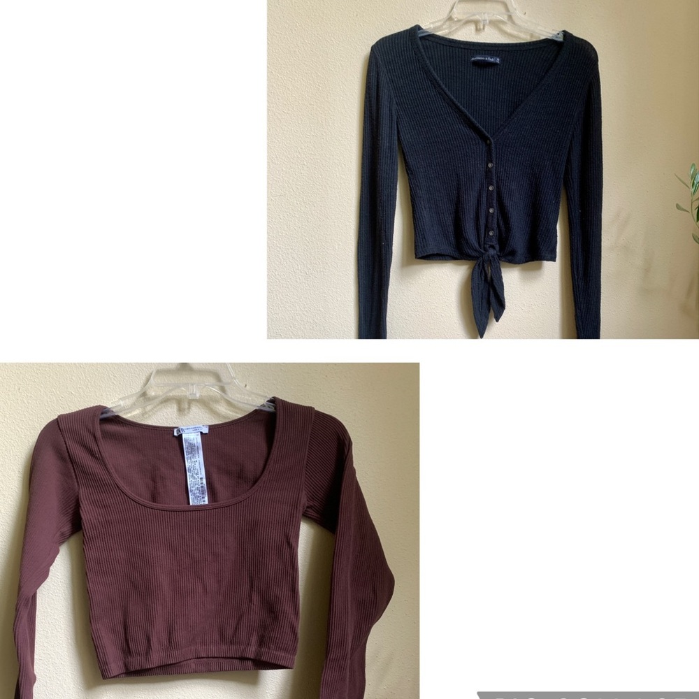 2 EUC Ribbed Cropped Tops - Zara Brown Square-neck + Abercrombie Black Tie XS